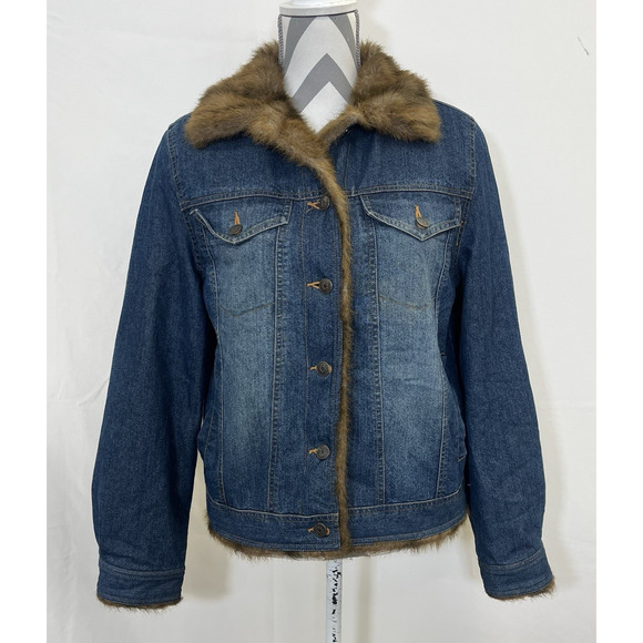 VINTAGE Marvin Richards Jacket Womens Small Blue Denim Faux Fur Lined Coat Chrty - Picture 1 of 12